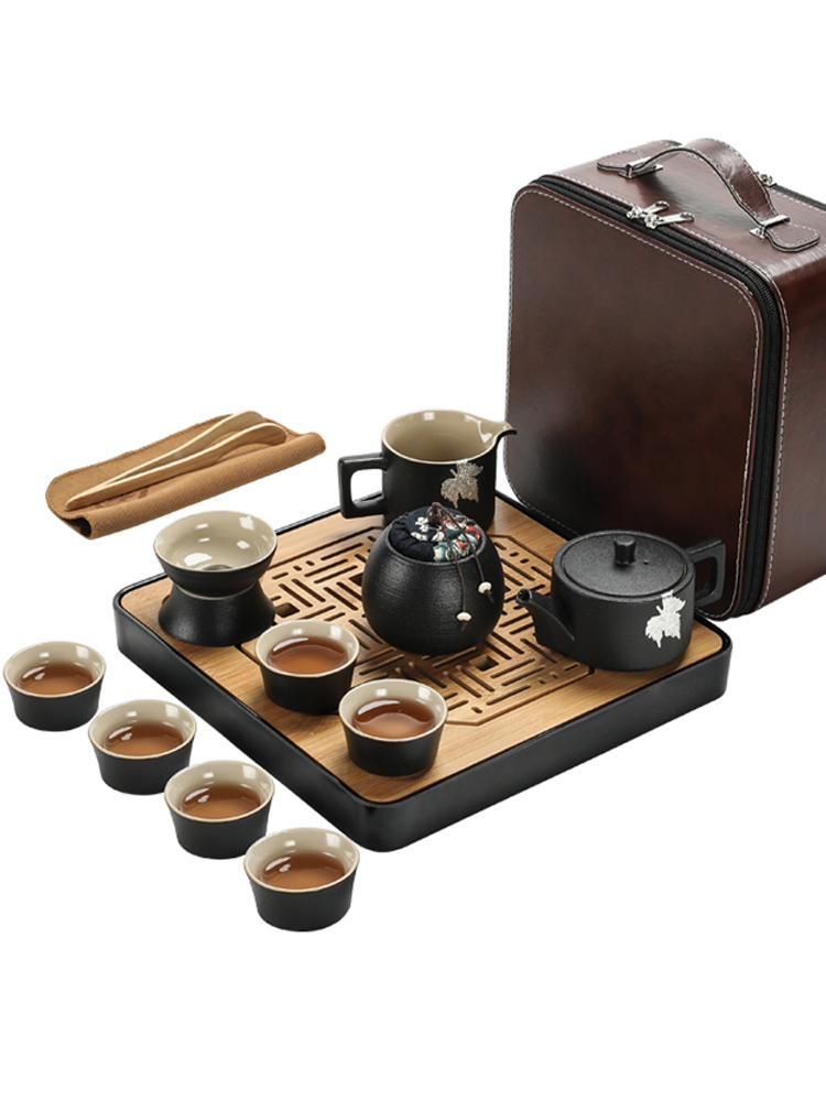 Poly real (sheng Japanese kung fu tea set of black suit household contracted ceramic teapot teacup tea tea tray of a complete set of travel