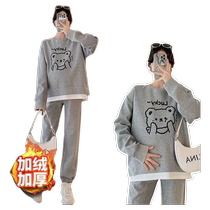 Maternity wear autumn and winter suit fashionable new velvet thickened long-sleeved cartoon sweatshirt two-piece set with belly support pants