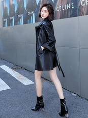 Кожаная куртка 紫色皮衣女中长款夹克外套2020春秋新款韩版宽松显瘦收腰pu皮风衣