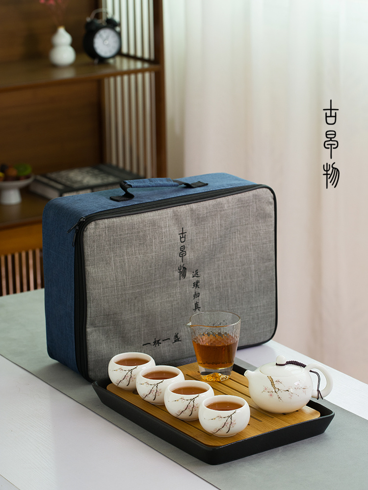 Suet jade white porcelain portable travel tea set is suing office kung fu tea set suit household glass ceramic teapot tea tray