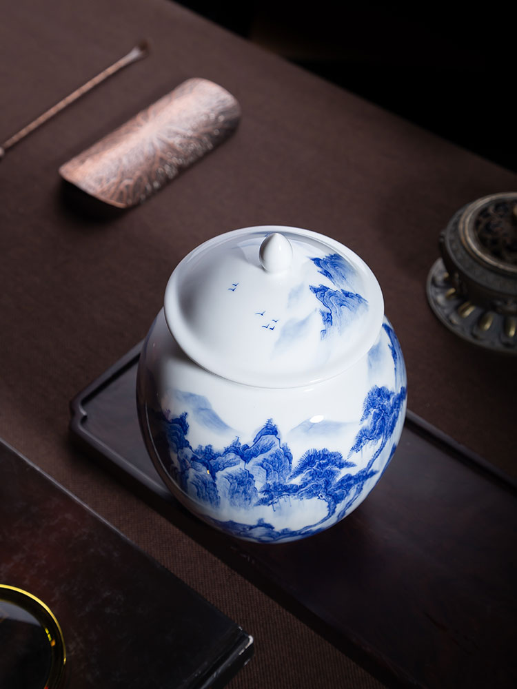 Blue and white porcelain of jingdezhen ceramics hand - made porcelain tea pot home sitting room adornment Blue and white landscape caddy fixings furnishing articles