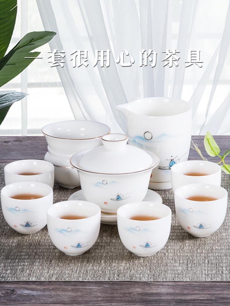 Dehua suet jade teapot tea set with white porcelain kung fu suit visitor office tea cup contracted