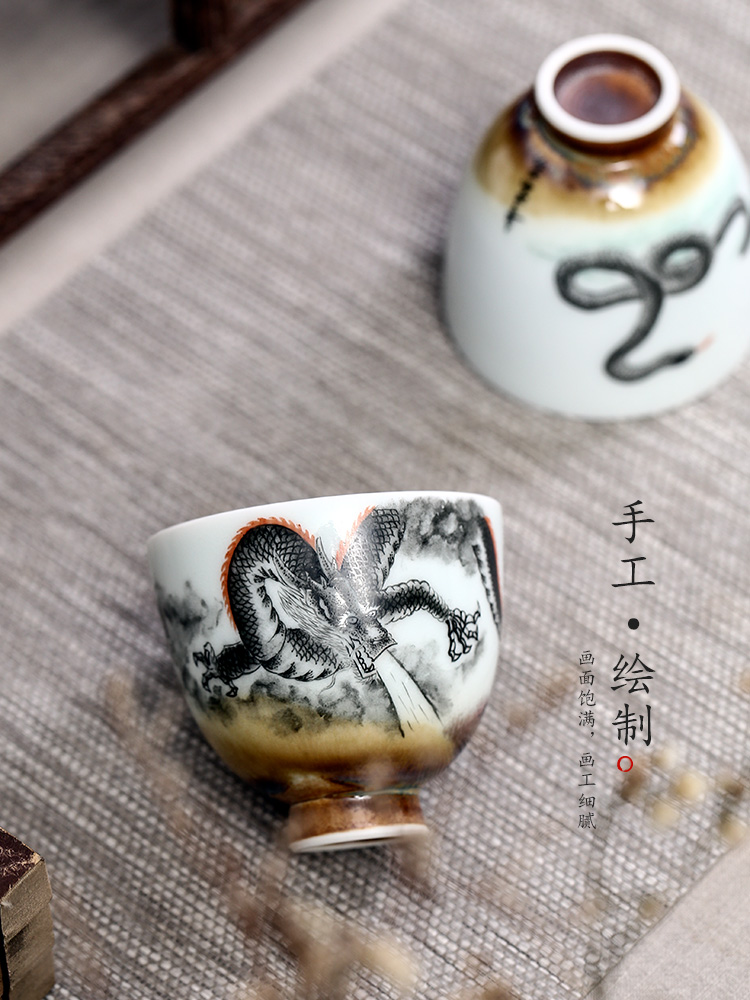 Jingdezhen hand - made master cup single cup pure manual white porcelain teacup kung fu tea sample tea cup, a large Chinese zodiac