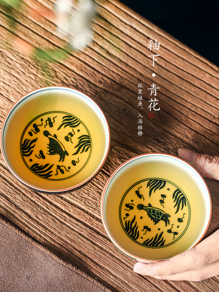 Jingdezhen manual cup host teacups hand - made ceramic cup single cup large blue and white kung fu ji blue sample tea cup men 's
