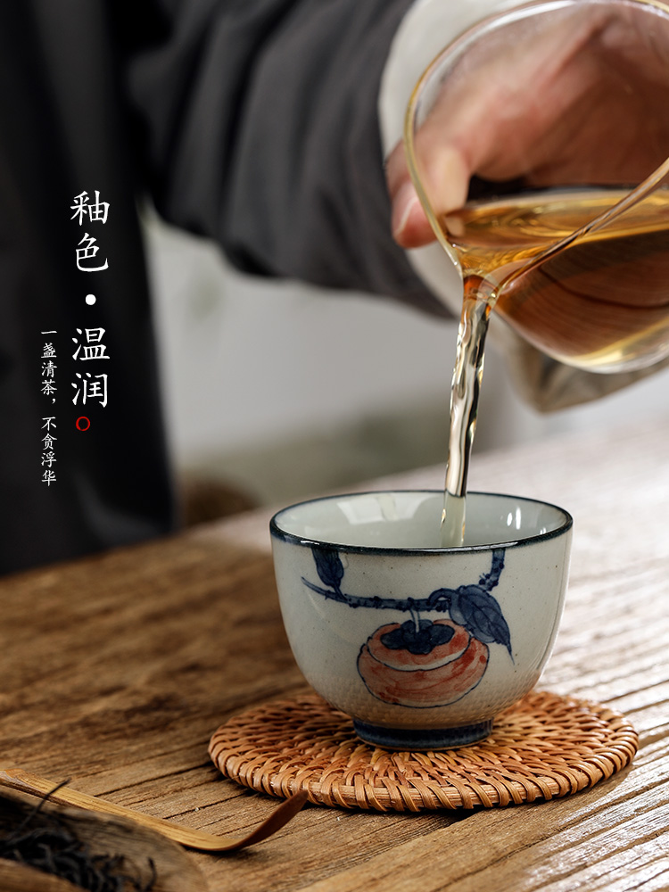 Jingdezhen blue and white hand - made master cup checking clay sample tea cup single CPU kung fu tea set persimmon tea cup only