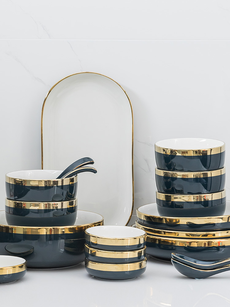 Dishes suit household creative Dishes chopsticks Nordic web celebrity ins move ceramic light wind key-2 luxury emerald tableware
