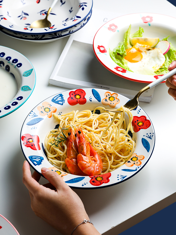The Qing xu boss month western straw plate Nordic hand - made pasta, thick soup plate household deepen ceramic new large size