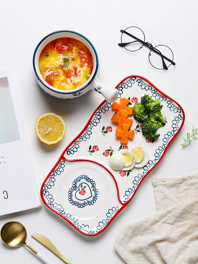 Web celebrity ins wind plate handle breakfast bowl household creative nice meal ceramic plate combination suit