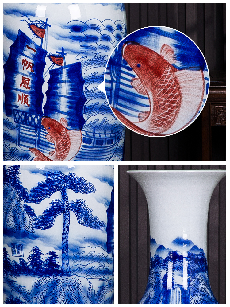 Jingdezhen ceramic vase landed large hand - made of blue and white porcelain smooth sitting room of Chinese style household decorative furnishing articles