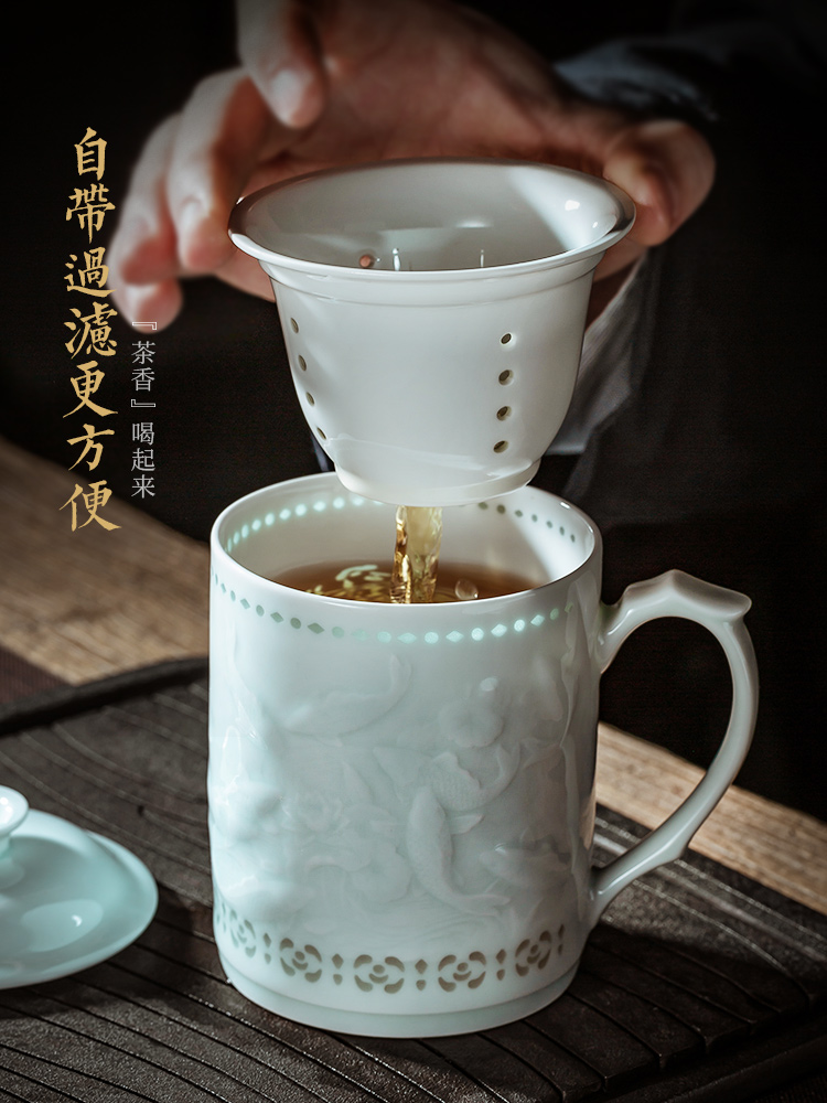Jingdezhen ceramic hand - carved office cup with cover cup ultimately responds a cup of tea cup and meeting Chinese zodiac custom