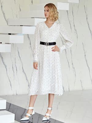 Pre-sale Ivy Ou Xiu 2019 mùa thu mới cho phụ nữ khí chất chấm bi in đầm voan dài tay - Váy eo cao váy thắt eo Váy eo cao