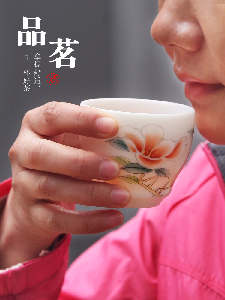 The Product porcelain sink white porcelain cup sample tea cup master cup hand - made flowers single CPU kung fu tea set suet jade ceramic household