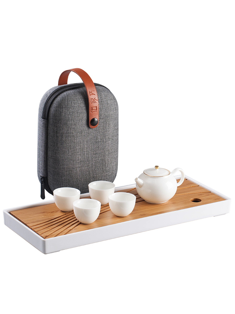 The Wu family fang travel tea set suit portable package ceramic crack cup Japanese four cups with a pot of tea tray household contracted