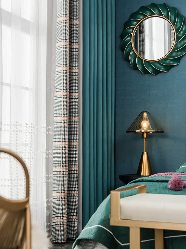 Houndstooth khâu rèm cửa mới hiện đại nhỏ gọn Nordic Light xám cao cấp sang trọng phòng khách sang trọng cao cấp bầu không khí nhẹ gió