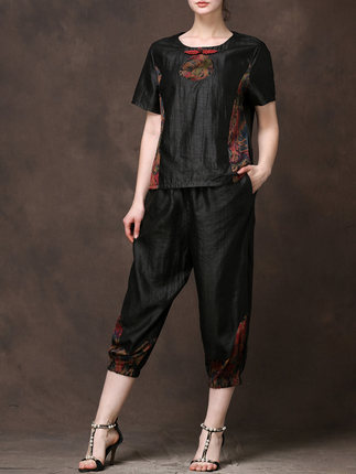 龟纹香云纱2021真丝套装中老年妈妈装两件套女中式短袖上衣七分裤-tmall.com天猫