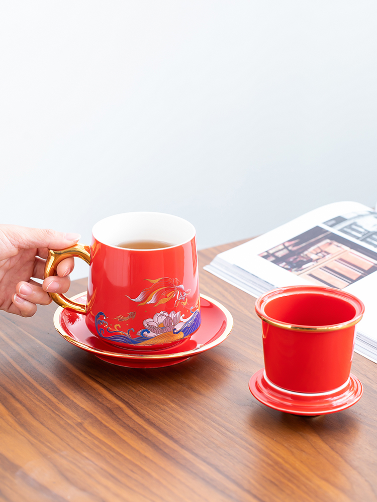 Fuels the office cup household with cover filter individual cup of jingdezhen ceramic glaze separation of tea tea cups of water