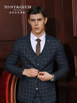 Bộ đồ vest nam ba mảnh phù hợp với Hàn Quốc Slim British gió chú rể váy cưới kẻ sọc giản dị - Suit phù hợp