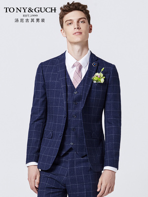 Bộ đồ vest nam ba mảnh chú rể váy cưới Anh gió Slim Kẻ sọc thanh niên phù hợp với đám cưới - Suit phù hợp áo khoác blazer nam Suit phù hợp
