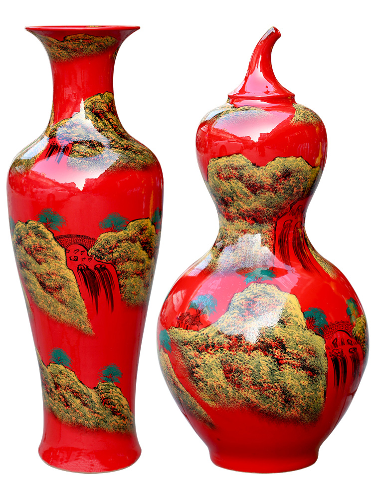Jingdezhen ceramics high temperature hand - made China red landing big gourd vases landscape painting porcelain decorative furnishing articles
