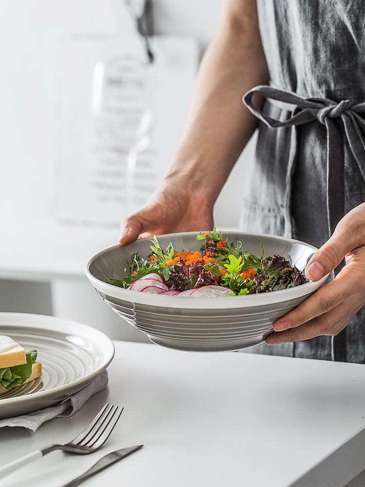 Ceramic grey thread plate of creative household vegetable salad bowl of soup bowl dish dish porringer beefsteak dish for breakfast