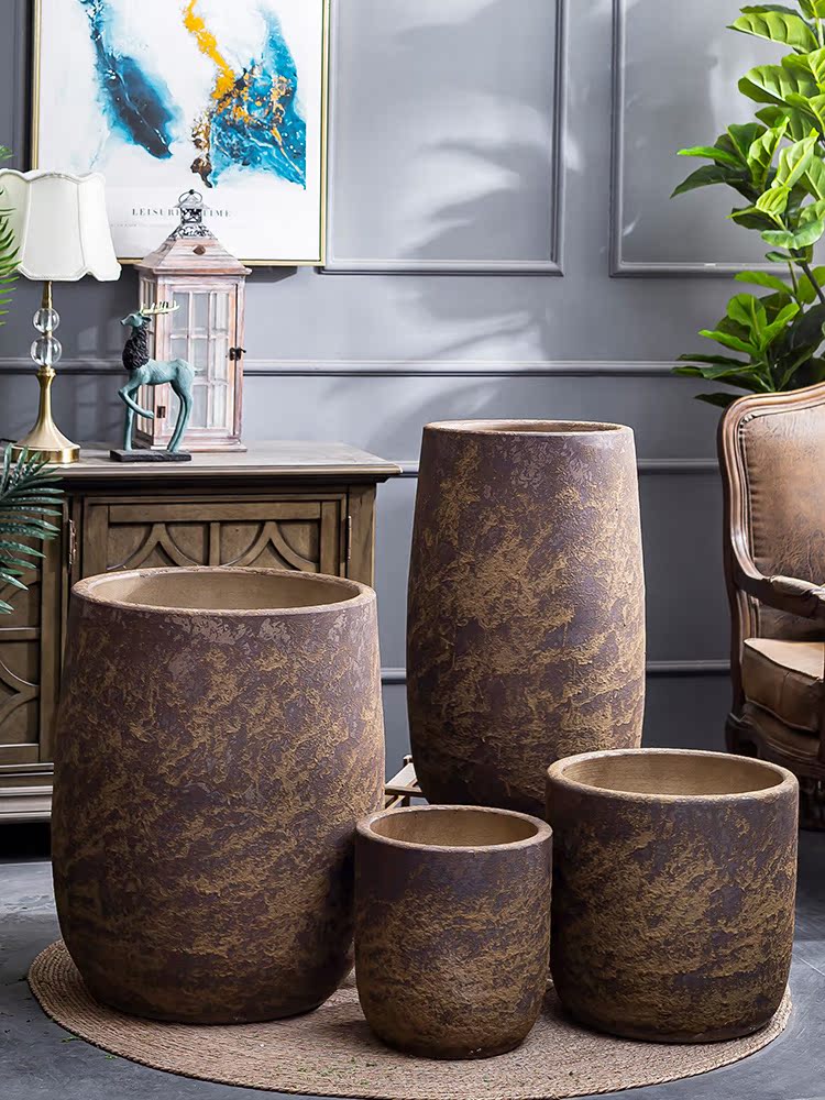 Retro coarse pottery flower vase furnishing articles sitting room interior decoration new Chinese be born ceramic green plant cylinder large flower pot