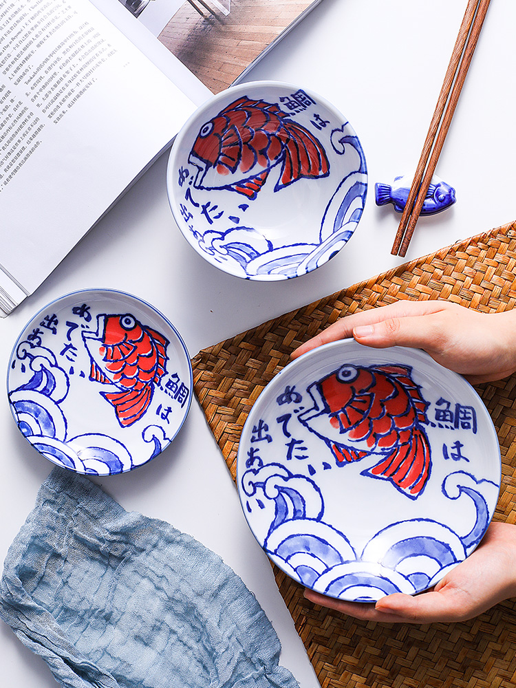 The fawn field'm Japanese imports of ceramic tableware bream fish globefish cartoon express it in Japanese suit four dishes suit