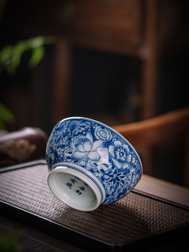 Jingdezhen blue and white flower is macro sets hin maintain cup wood beaker hand - made master cup bowl cups of nine section of lesser