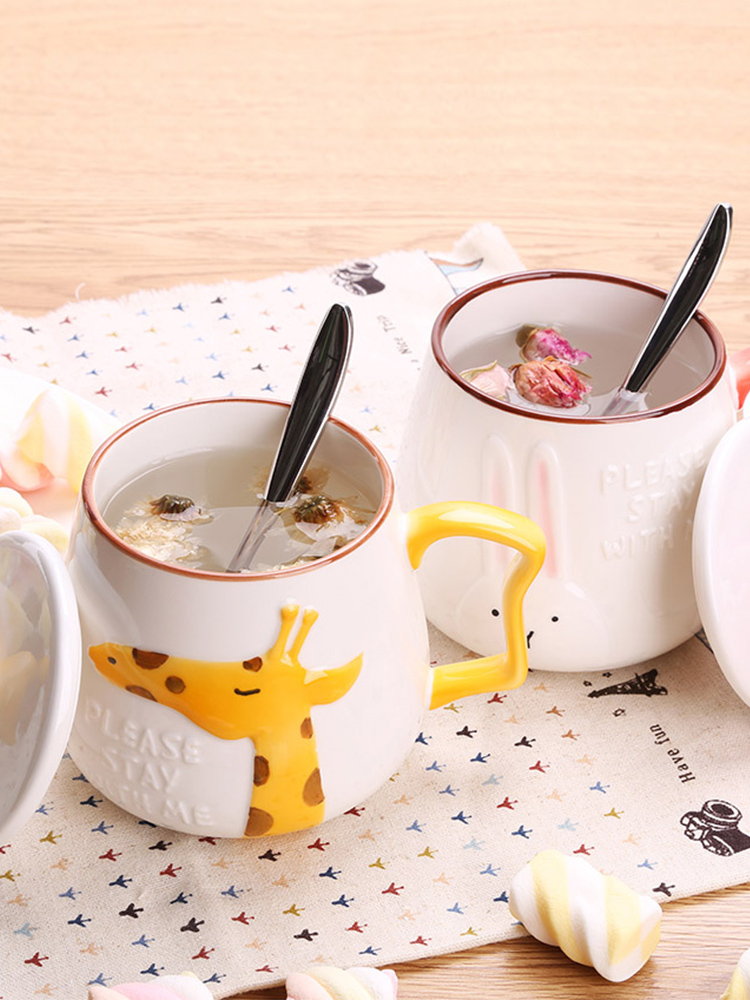 Creative move children cartoon ceramic keller ins with cover spoon picking cups of milk cup cup coffee for breakfast