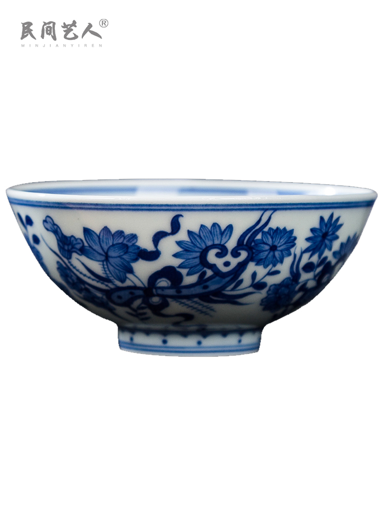 Jingdezhen ceramic hand - made master cup antique blue and white flower sample tea cup single phase treasure cup all hand small bowl