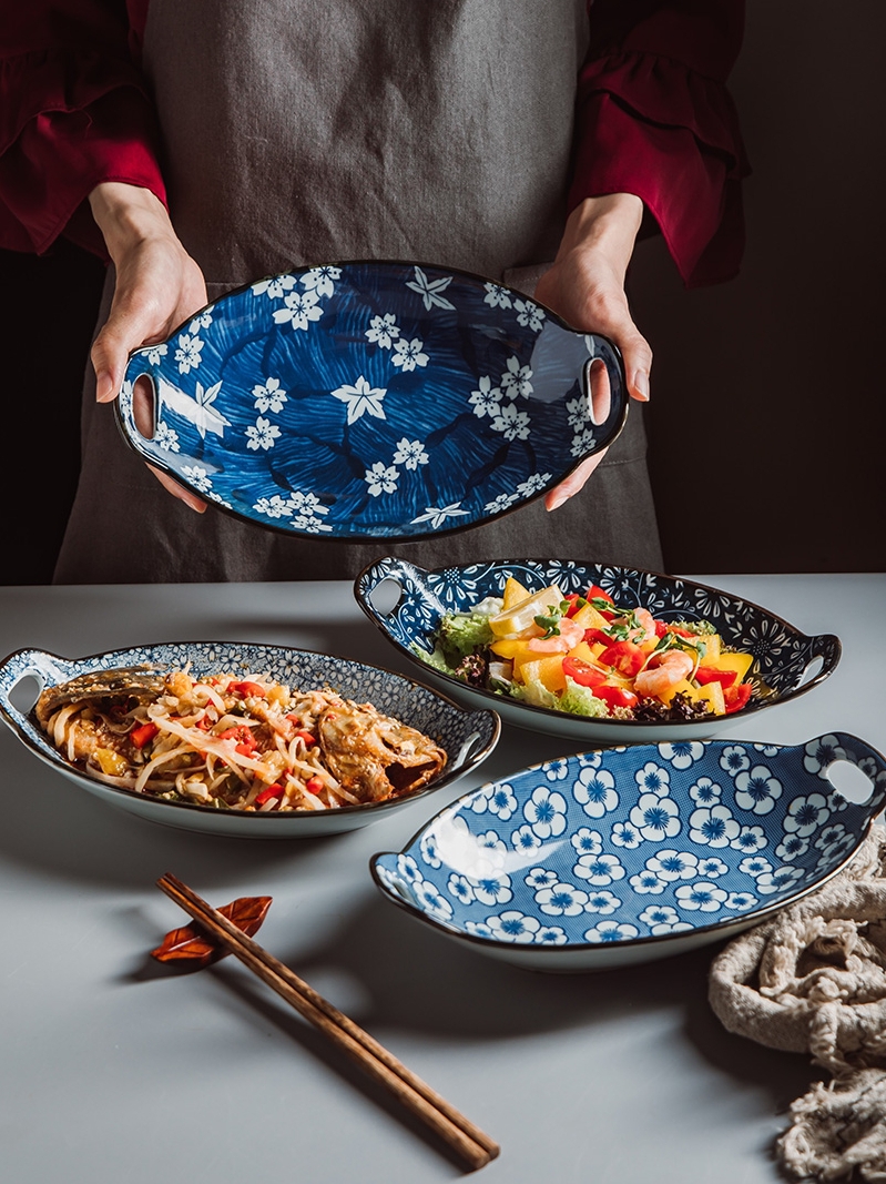 Creative household large ears boat fish plate plate plate plate Japanese ceramic western food dish pan baked FanPan