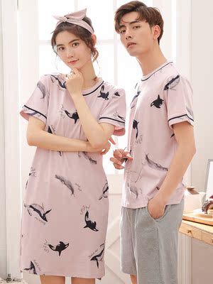 2 bộ của mùa hè các cặp vợ chồng đồ ngủ ngắn tay cotton Hàn Quốc dễ thương nightdress nữ mùa hè phục vụ nhà phù hợp với nam giới của phần mỏng bộ đồ thể thao nữ Cặp đôi