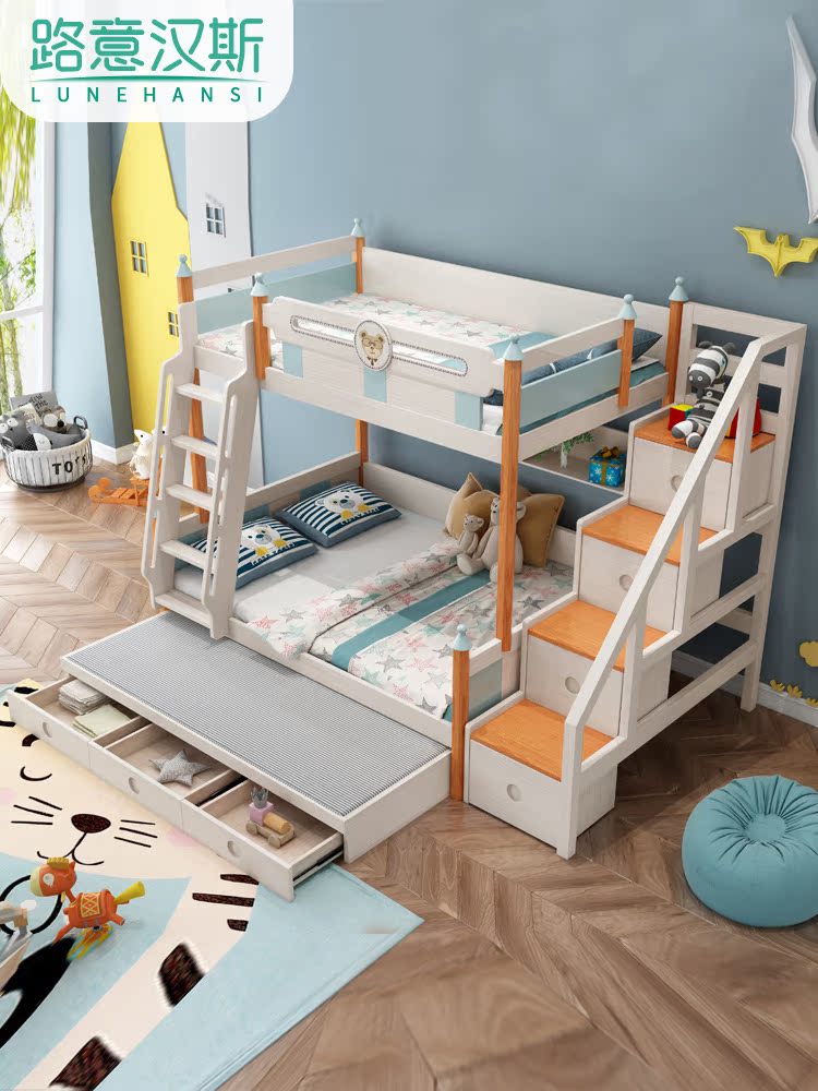 Full-chiều cao giường gỗ rắn hình ảnh giường ngủ giường ngủ mẹ và hai đứa con lớn của chiếc giường tầng Ash
