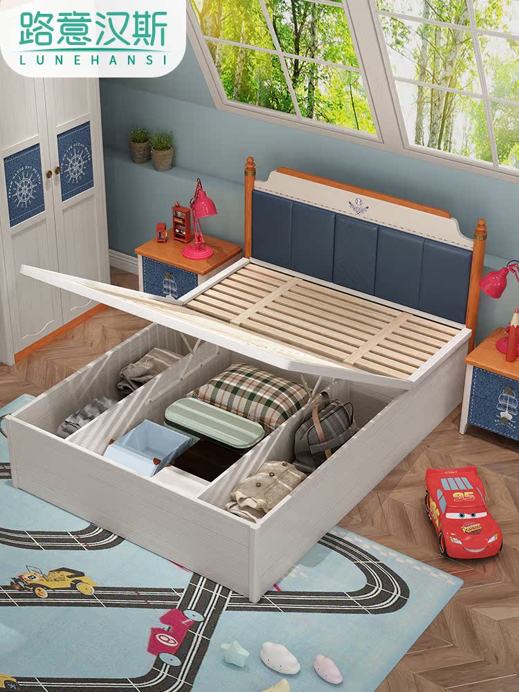 giường 1,2m lưu trữ hộp cao nordic trẻ em gỗ rắn bọc giường vị thành niên cô gái công chúa giường đơn giường 1.5