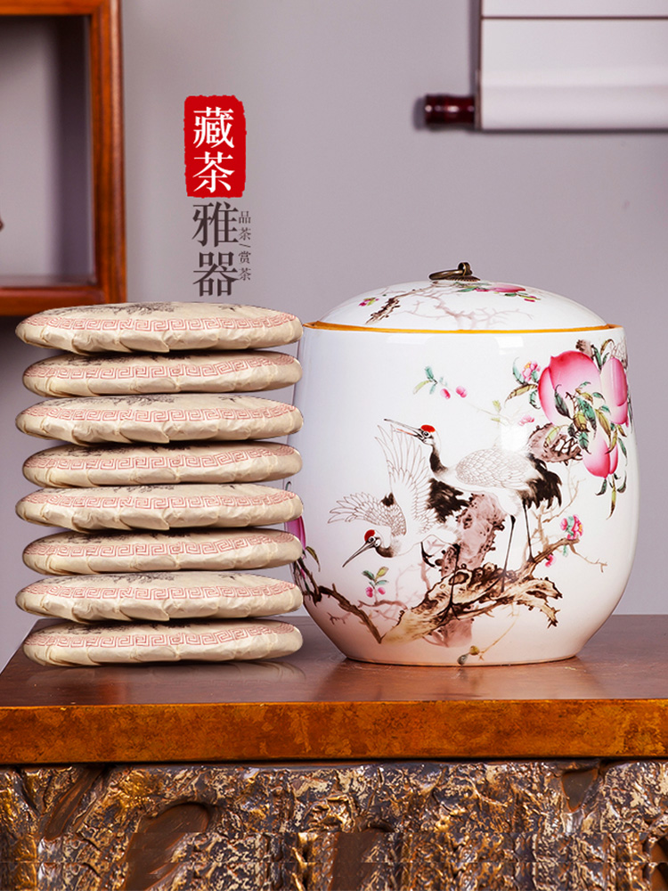 Jingdezhen ceramic famille rose pu 'er tea box seal pot of tea warehouse Chinese style home furnishing articles household storage tank is large