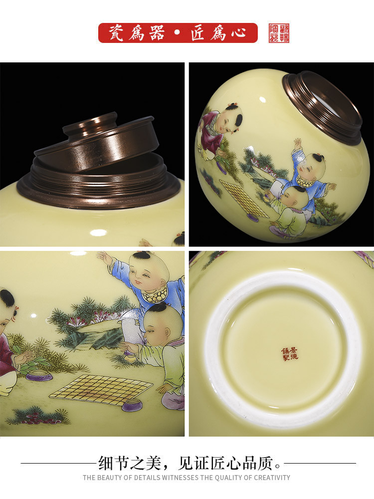 Let 's have fun on yellow background figure with cover caddy fixings alloy cover jingdezhen ceramic POTS, moisture - proof seal storage tank tea