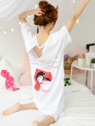 Đồ ngủ mùa hè của phụ nữ cảm giác lưng mặc cotton ngắn tay dài đoạn váy ngủ rộng XL có thể mặc bên ngoài dịch vụ gia đình - Đêm đầm