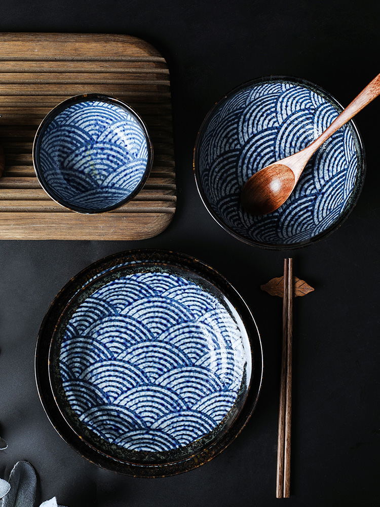 Japan 's imports of ceramic tableware in qinghai wave home eat rice bowl to pull noodles bowl of soup bowl Japanese small bowls dish plate