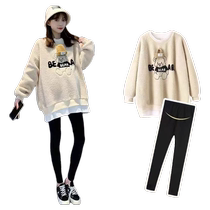 Maternity wear winter suit fashionable late pregnancy fake two-piece velvet sweatshirt autumn and winter petite top two-piece set