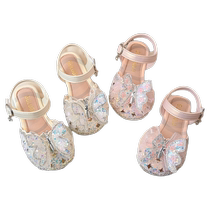 Girls Cute and Smart Butterfly Baotou Sandals 2024 Summer New Korean Style Childrens Rhinestone Sequin Princess Shoes