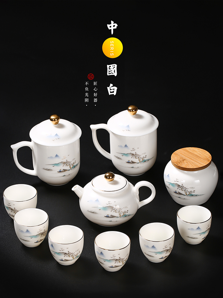 To the as porcelain and moving colored enamel kung fu tea set household contracted teapot suet jade porcelain tea cups tureen