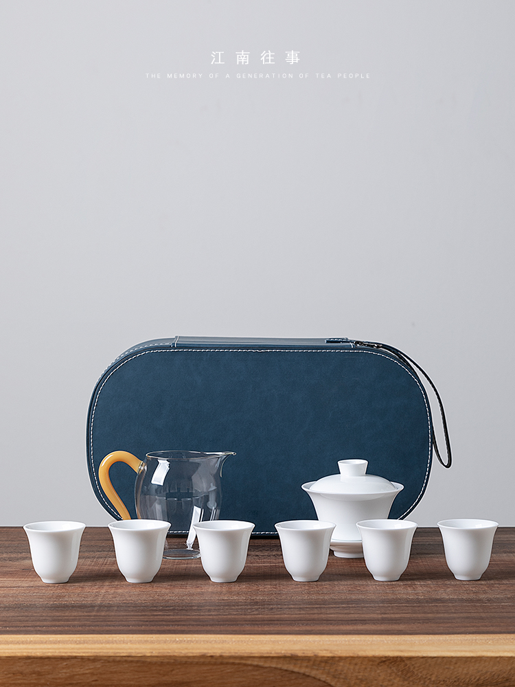 Jiangnan past dehua white porcelain hand - made tureen kung fu tea cups suit office household contracted portable suit