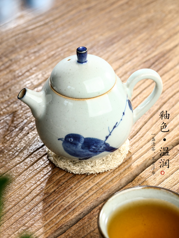 Pure manual jingdezhen blue and white teapot Chinese kungfu tea teapot hand - made riches and honour bird ceramic tea pot single pot