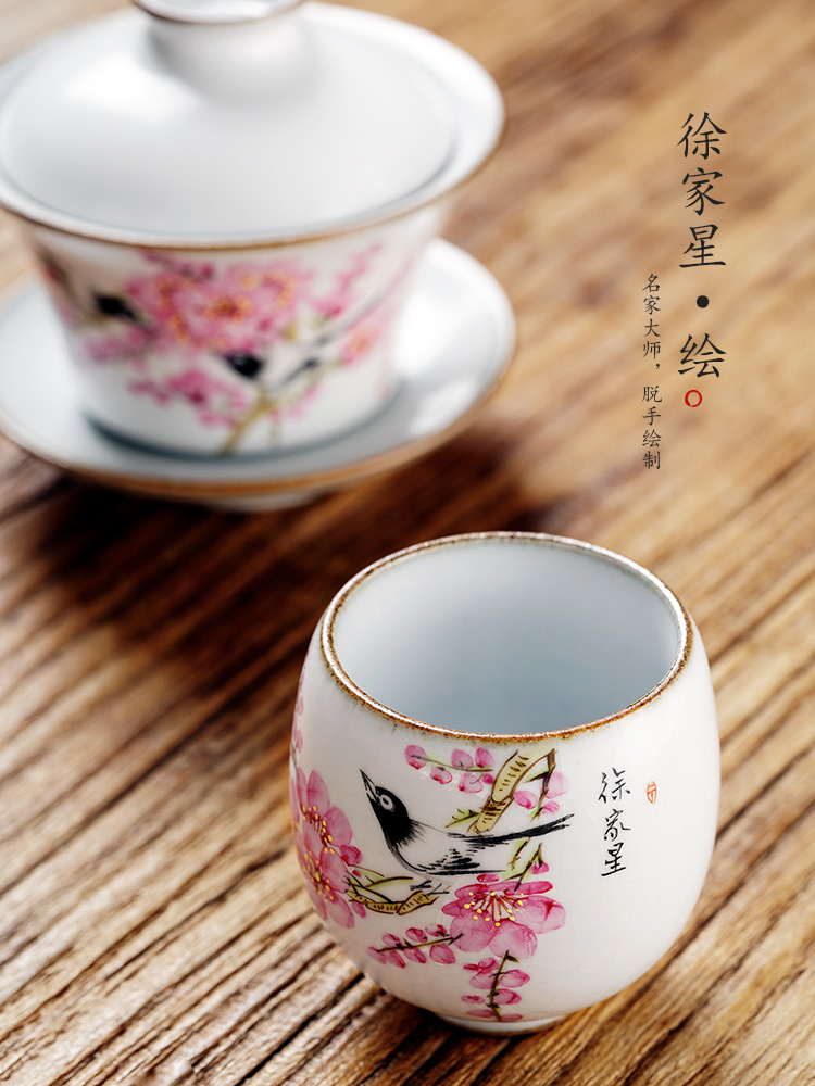 Jingdezhen hand - made teacup Xu Jiaxing peach blossom put water point master cup single CPU woman pure manual your up ceramic sample tea cup