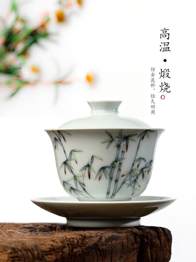 Jingdezhen pure manual three tea tureen Chinese style is not only large bowl with hand - made archaize kung fu tea set