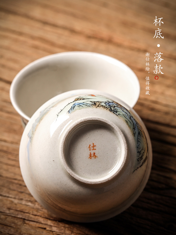 Jingdezhen ceramic sample tea cup master cup single CPU high - end hand - made of plant ash glaze landscape kunfu tea for a cup of tea