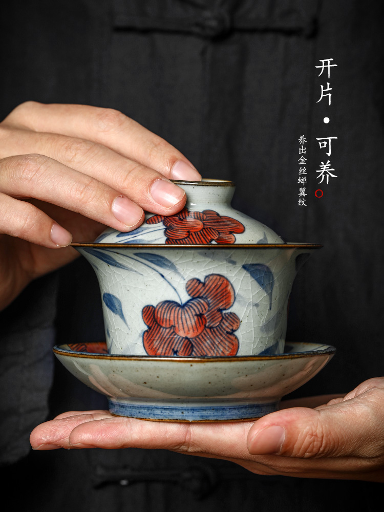 Jingdezhen blue and white pure manual only three tureen kung fu tea bowl of hot upset prevention hand - made ginkgo biloba tea set