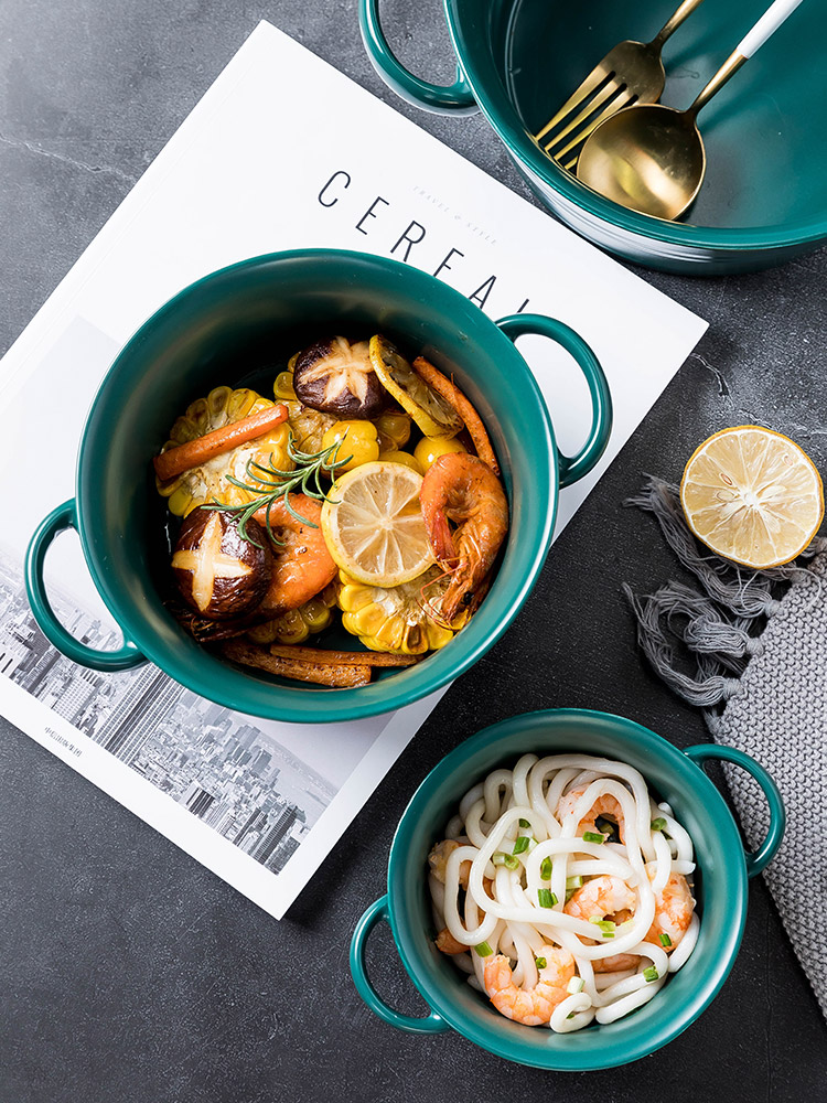 Creative household large ears ceramic bowl soup can pull a single light exquisite key-2 luxury Nordic tableware move ins rainbow such use