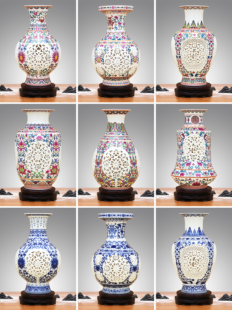 Jingdezhen ceramic vase furnishing articles of modern Chinese style pastel hollow - out porcelain flower arranging machine sitting room wine bottle ornament