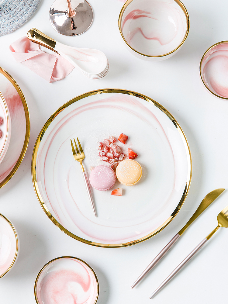 Ins light pink key-2 luxury wind up phnom penh marble ceramic tableware dishes dishes suit household gift boxes of tableware
