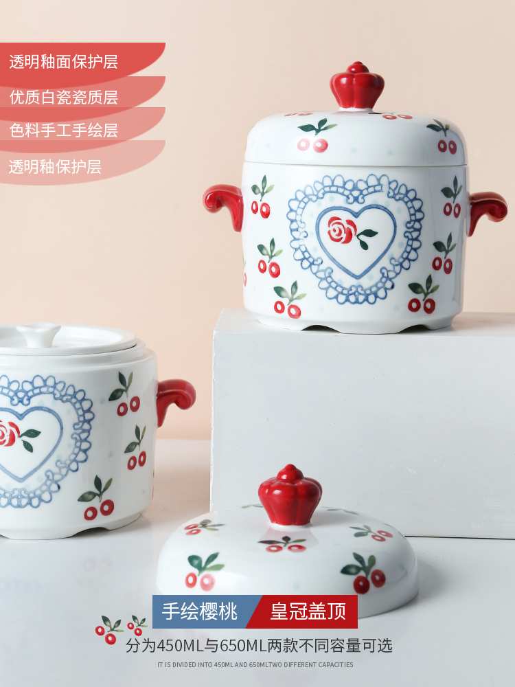 Nordic ceramics with cover small household stew water stew double insulation cover ears in clay pot soup bowl bladder stew pot steamed egg dishes